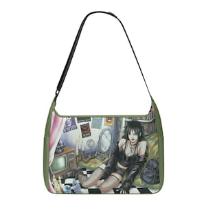 May include: Olive green shoulder bag featuring a detailed illustration of a gothic-style room with a person. The bag has a black strap and a black and white checkered pattern on the bottom. The illustration includes a TV, candles, and posters.