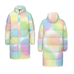 May include: A long, hooded puffer coat in a pastel color palette of pink, yellow, green, and blue. The coat features a front zipper closure and a quilted design. The image shows both the front and back of the coat.