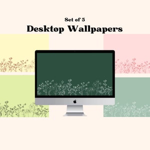 May include: Set of 5 desktop wallpapers featuring a green background with white floral illustrations. The wallpapers are displayed on a silver iMac computer.
