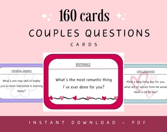 印刷可能なカップル向け質問カード - デートの夜に楽しく親密な会話を始めるためのカード | すぐにダウンロード - デートの夜や絆を深めるために