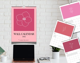 Calendario floreale minimalista 2025 / EDIZIONE ROSA / A4 A3 Elegante agenda annuale / Disegno a tratteggio con scarabocchi floreali