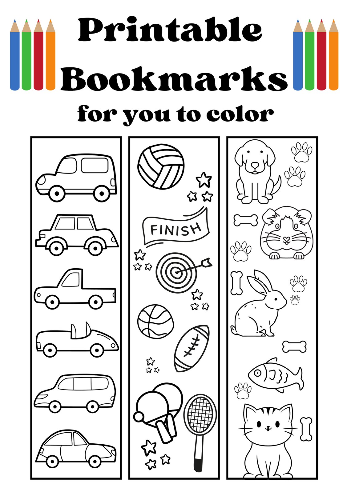 Printable Colouring Bookmarks Car Sports and Pet Animal - Etsy UK