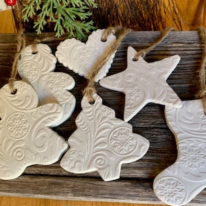 Bulk ornaments. Christmas design on polymer clay, gift tags, farmhouse decor, rustic. Star, heart, gingerbread, tree, stocking, snowman