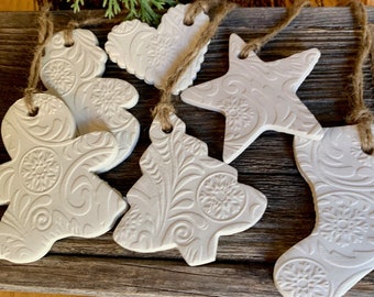 Bulk ornaments. Christmas design on polymer clay, gift tags, farmhouse decor, rustic. Star, heart, gingerbread, tree, stocking, snowman