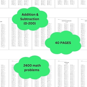 May include: A printable worksheet with 40 pages of addition and subtraction problems for numbers 0-200. The worksheet contains 2400 math problems.