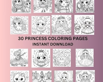 Princess Themed Coloring Sheets | Printable Coloring Pages PDF| Kawaii | Instant download | Princess | Unicorn | Digital |Coloring for Girls