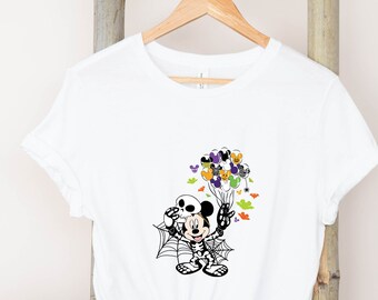 Camiseta de Halloween de Mickey Mouse: disfraz de esqueleto, globos