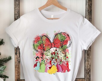 Camiseta navideña de princesa, camiseta navideña de princesa Disney, camiseta navideña con castillo de princesa acuarela de Disney, camiseta navideña de Disney.