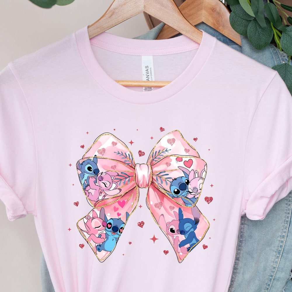 Stitch Valentines Day Shirt, Stitch Coquette Shirt, Disney Lover Shirt, Disney Stitch And Angel Shirt, Pink Bow Shirt, Stitch Bow Tee