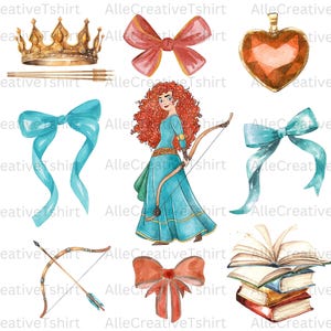 May include: Watercolor illustrations of a gold crown, bows, a heart-shaped pendant, a woman with red hair holding a bow and arrow, a bow and arrow, and a stack of books. The text "AlleCreativeTshirt" is repeated throughout the image.