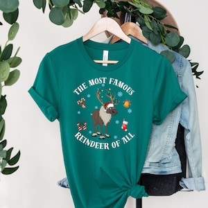Pu&ograve; includere: Una maglietta verde con una grafica bianca di una renna con un cappello di Babbo Natale rosso e il testo "The Most Famous Reindeer of All".