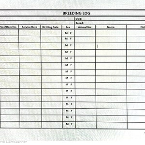 May include: A blank breeding log form with columns for animal number, name, sire/dam number, service date, birthing date, sex, and notes.