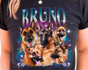 Może przedstawiać: Czarna koszulka z grafiką przedstawiającą pięć owczarków niemieckich i napisem "BRUNO". Psy są przedstawione w różnych pozach, niektóre z wystawionym językiem. Projekt ma kolorowe, gwiaździste tło.