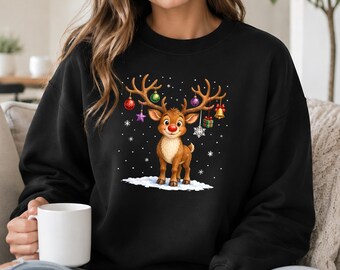 Cute Reindeer Christmas Sweatshirt, Reindeer Antlers with Light Sweaters, Merry Christmas Jumpers, Whimsical Xmas Jumpers, Festive Outfits