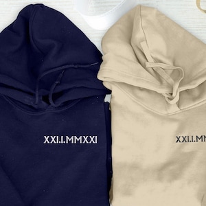 Roman Numeral Embroidered Matching Hoodie, Custom Anniversary Date Couple Hoodies, Custom Initials With Heart Sleeve Jumper, Boyfriend Gift image 5