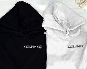 Embroidered Roman Numeral Matching Hoodie, Personalised Date Anniversary Hoodies, Custom Initial With Heart Long Sleeve Jumper, Couple Gift