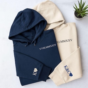 Custom Embroidered Roman Numeral Hoodie, Anniversary Gift for Couples, Personalised sleeve initial Top, BEst For Engagements & Anniversaries