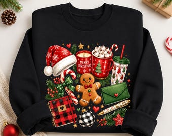 Merry Christmas Doodles Sweatshirt, Christmas Collage Crewneck, Preppy Gingerbread Cocoa Jumper, Xmas Holiday Tops, Coquette Christmas Gifts