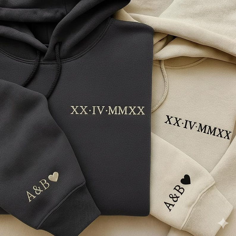 Embroidered Roman Numeral Matching Hoodies with Custom Initials and Heart Sleeve,