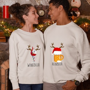 Couple Funny Christmas Sweater, Winedeer Reinbeer Printed Sweatshirts, Christmas Jumper, Unisex Crewnecks, Reindeer Sweatshirts, Xmas Gifts
