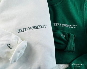 Roman Numeral Embroidered Couple Hoodie, Personalised Anniversary Date Matching Hoodies, Custom Initials Heart Sleeve Jumper, Boyfriend Gift
