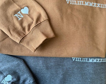 Matching Anniversary Roman Numeral Couple Hoodie, Custom Embroidered Date With Initial Wife Jumper, GF And BF Pullover Hoody, Partner Gifts