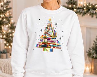 Books Christmas Tree Sweatshirt, Book Lover Christmas Sweater, Bookish Holiday Crewneck, Book Worm Sweater, Festive Librarian Gifts For Her