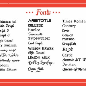 May include: A red and white graphic with a list of fonts. The word "Fonts" is at the top in a cursive font. The font names are in various styles, including serif, sans-serif, and script fonts.