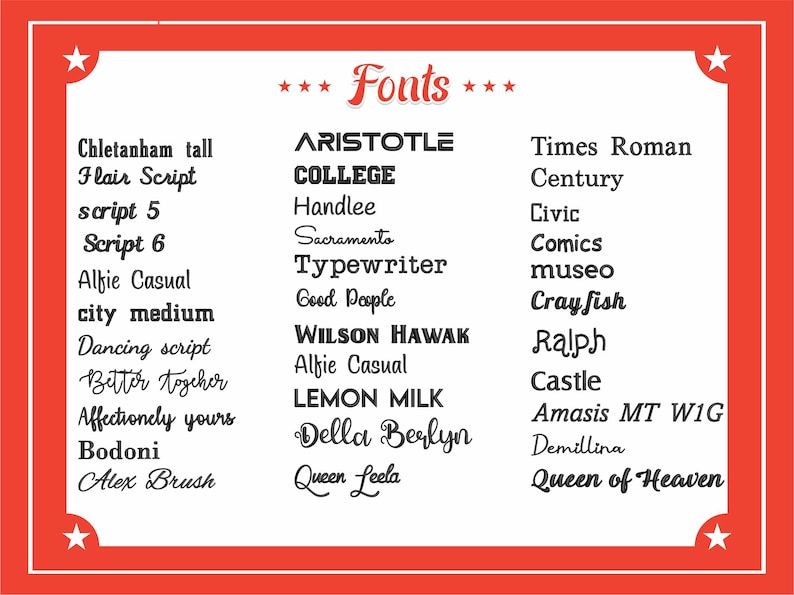 May include: A red and white graphic with a list of fonts. The word "Fonts" is at the top in a cursive font. The font names are in various styles, including serif, sans-serif, and script fonts.