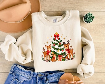 Reindeer Christmas Sweatshirt, Merry Christmas Tree Crewneck Sweater, Cute Reindeer Christmas Sweater, Christmas Holiday Jumper, Women Gifts