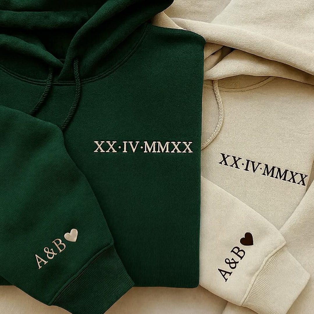 Embroidered Roman Numeral Matching Hoodie, Custom Anniversary Date Couple Hoodies, Initials Heart Sleeve Jumper, Couple Valentine’s Gifts