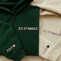Embroidered Roman Numeral Matching Hoodie, Custom Initials With Heart Sleeve Jumper, Boyfriend Gift, Custom Anniversary Date Couple Hoodies