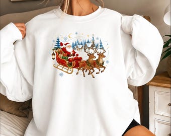 Santa Sweatshirt, Vintage 90s Christmas Crewneck Sweater, Festive Holiday Christmas Jumper, Winter Santa Sleigh Sweaters, Christmas Gifts