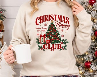 Christmas Morning Club Sweatshirt, Custom Name Family Christmas 2026 Sweater, Personalised Holiday Xmas Tree Jumper, Festive Christmas Gift