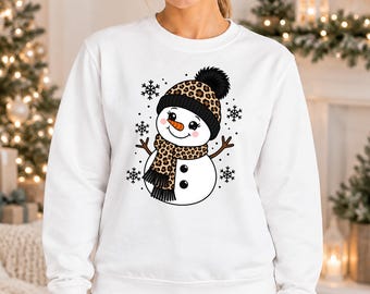 Leopard Snowman Sweatshirt, Jolly Snowman Christmas Sweater, Festive Snowflake Xmas Jumper, Winter Season Sweater, Christmas Holiday Gifts