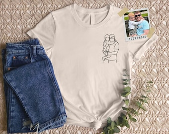 Custom Embroidered Sketch Photo Dad Tshirt, Personalised Outline Portrait from Picture Tee, Dad Birthday Shirt, Fathers Day Gift for Grandpa