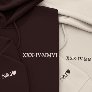 Roman Numeral Embroidered Matching Hoodie, Custom Date Couple Matching Sweatshirt, Custom Initials With Heart Sleeve Shirt, Anniversary Gift