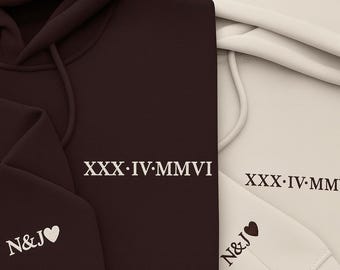 Roman Numeral Embroidered Matching Hoodie, Custom Date Couple Matching Sweatshirt, Custom Initials With Heart Sleeve Shirt, Anniversary Gift