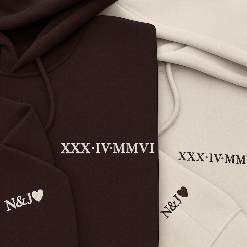 Roman Numeral Embroidered Matching Hoodie, Custom Date Couple Matching Sweatshirt, Custom Initials With Heart Sleeve Shirt, Anniversary Gift