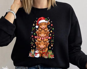 Highland Cow Christmas Sweatshirt, Christmas Cow Crewnecks Sweater, Cozy Winter Jumper, Farm Animal Sweater, Cow Lover Outfits, Xmas Gifts