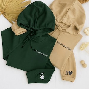 Embroidered Roman Numeral Matching Hoodie, Custom Anniversary Date Couple Hoodies, Custom Initials with Heart Sleeve Jumper, Christmas Gifts
