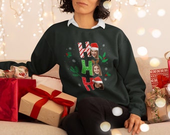 Sweatshirt photo de Noël personnalisé, pull ras du cou de Noël visage personnalisé, pull Noël Ho Ho Ho imprimé, tenues amusantes pour le réveillon de Noël