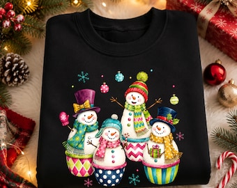 Snowman Christmas Sweatshirt, Patterned Snowman Group Sweater, Coquette Bow Snowman Jumper, Festive Holiday Sweater, Christmas Gifts for Her
