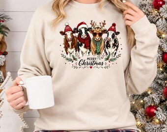 Cow Christmas Sweatshirt, Merry Christmas Crewneck Sweater, Cow With Christmas Lights Sweater, Festive Xmas Holiday Jumper, New Year Gifts