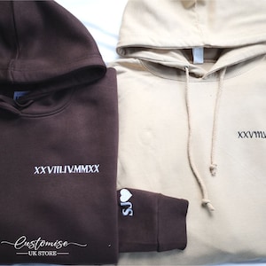 Custom Roman Numeral Matching Hoodie, Embroidered Anniversary Date Couple Hoodie, Personalised Initials Heart Jumper, Christmas Gift for Him