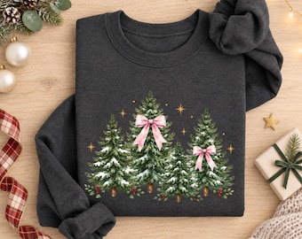 Festive Christmas Tree Sweatshirt, Rustic Farmhouse Holiday Sweater, Festive Tree Coquette Bow Jumper, North Pole Farm Tree Tee, Xmas Gifts
