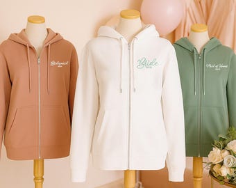 Sudadera con capucha bordada con cremallera para novia, sudaderas con capucha personalizadas con cremallera completa para novia, regalos para despedidas de soltera, regalo para dama de honor, jerséis para despedidas de soltera, regalo para futura novia