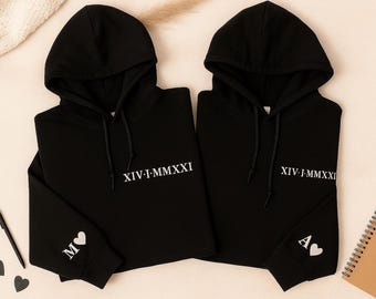 Custom Date Embroidered Roman Numeral Hoodie, Anniversary Matching Couples Hoody, Personalised Initial on Sleeve Memorial Top, Gift for Wife