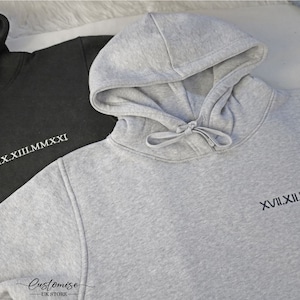 Embroidered Roman Numeral Hoodie, Personalised Initials With Heart Sleeve Jumper, 1st Anniversary Date Couple Hoodies, Gift for Boyfriend