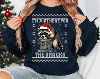 Raccoon Christmas Sweatshirt, I'm Just Here for Snacks Sweater, Trash Panda Christmas Jumper, Snack Lovers Ugly Sweater, Raccoon Lovers Gift